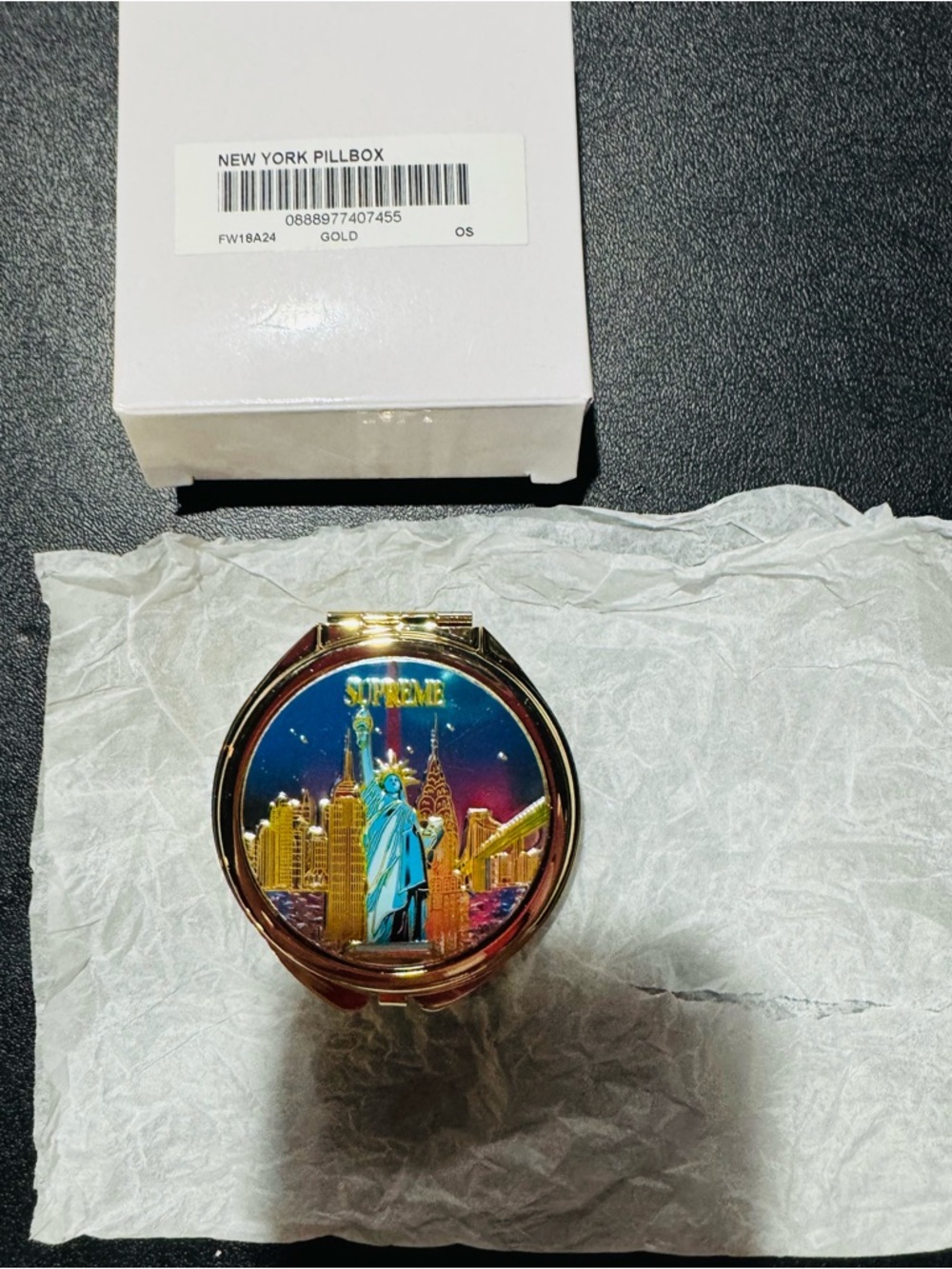 Supreme Gold Tone New York Pillbox with Blue Statue of Liberty Art